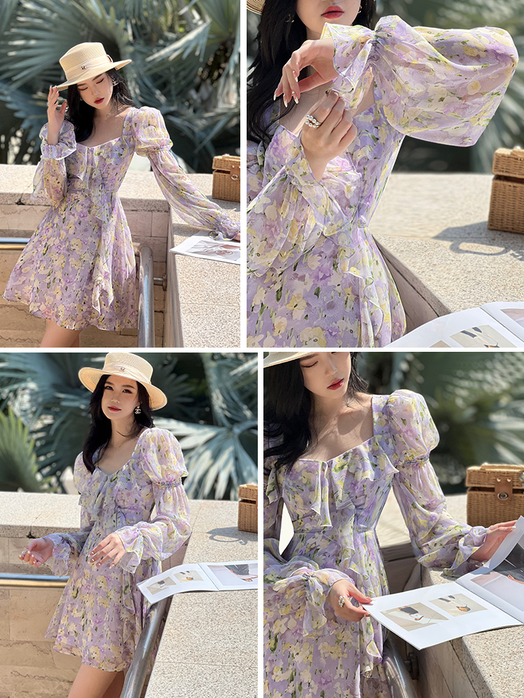 DPLAY2023度假紫调印象花园连衣裙
