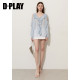 DPLAY ເສື້ອຍືດຄໍຄໍ V ສີຟ້າຝຣັ່ງ ເສື້ອຢືດຍາວ 2026 ຮູຂຸມຂົນ ruffled lace-up