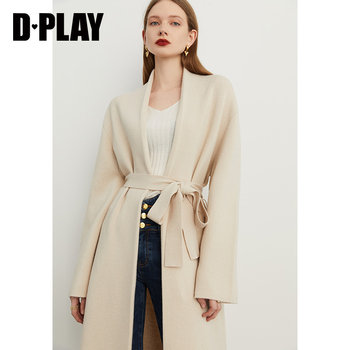 DPLAY ເສື້ອຢືດ cardigan ຖັກແສ່ວຍາວກາງ wool ນົມ apricot ລະດູໜາວຄົນຂີ້ຄ້ານ