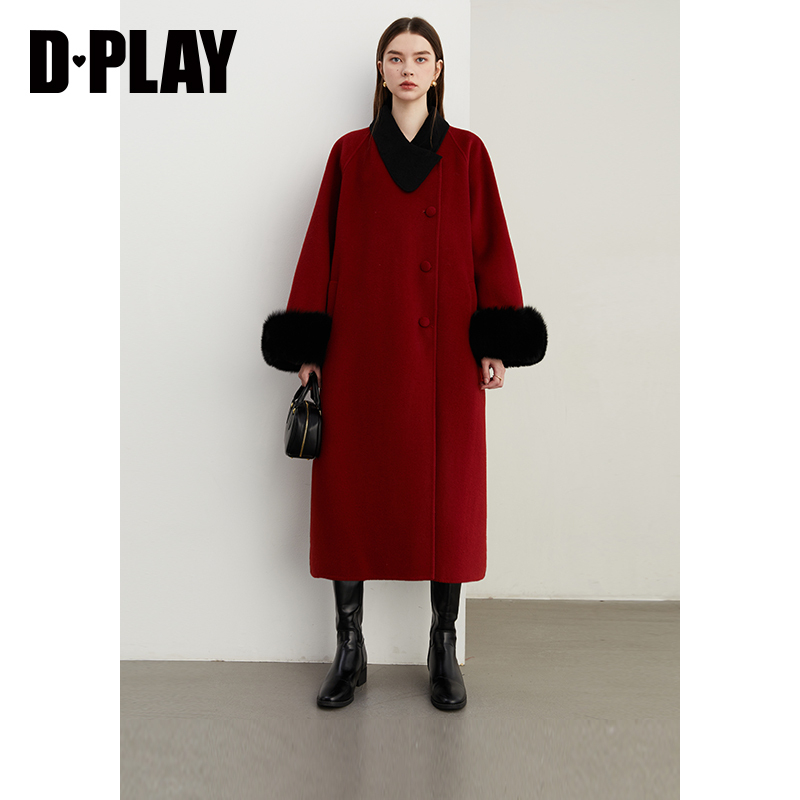 DPLAY2024冬季翻领红色大衣100羊毛呢外套狐狸毛呢子长袖大衣女 - 图1