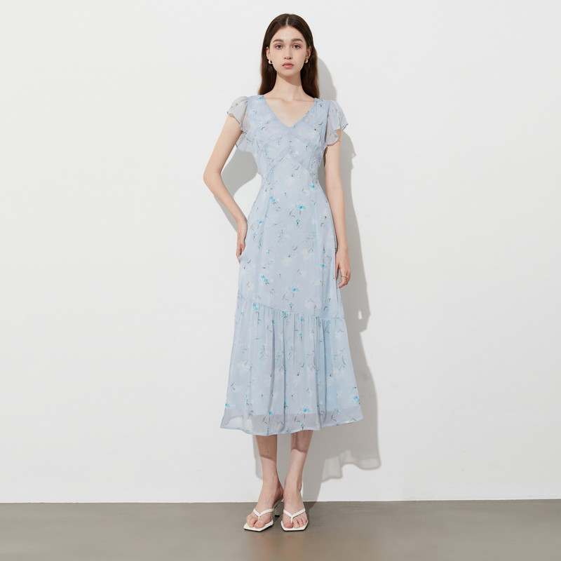 DPLAY2025年夏季新款蓝色连衣裙女好看法式蕾丝雪纺裙子收腰长裙,淘宝优惠券,粉丝福利购,淘宝优惠卷