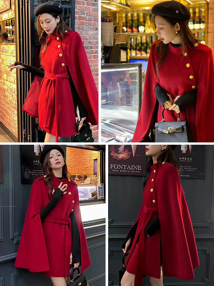 DPLAY2025年冬季气质复古红色斗篷大衣羊毛呢子大衣结婚外套女 - 图2