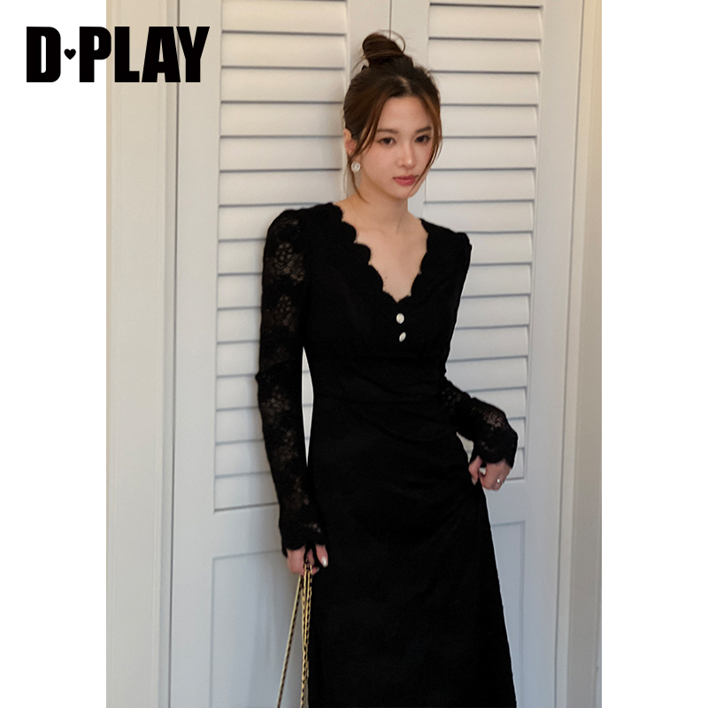 DPLAY春法式风定制珍珠钻扣V领黑色蕾丝连衣裙长裙
