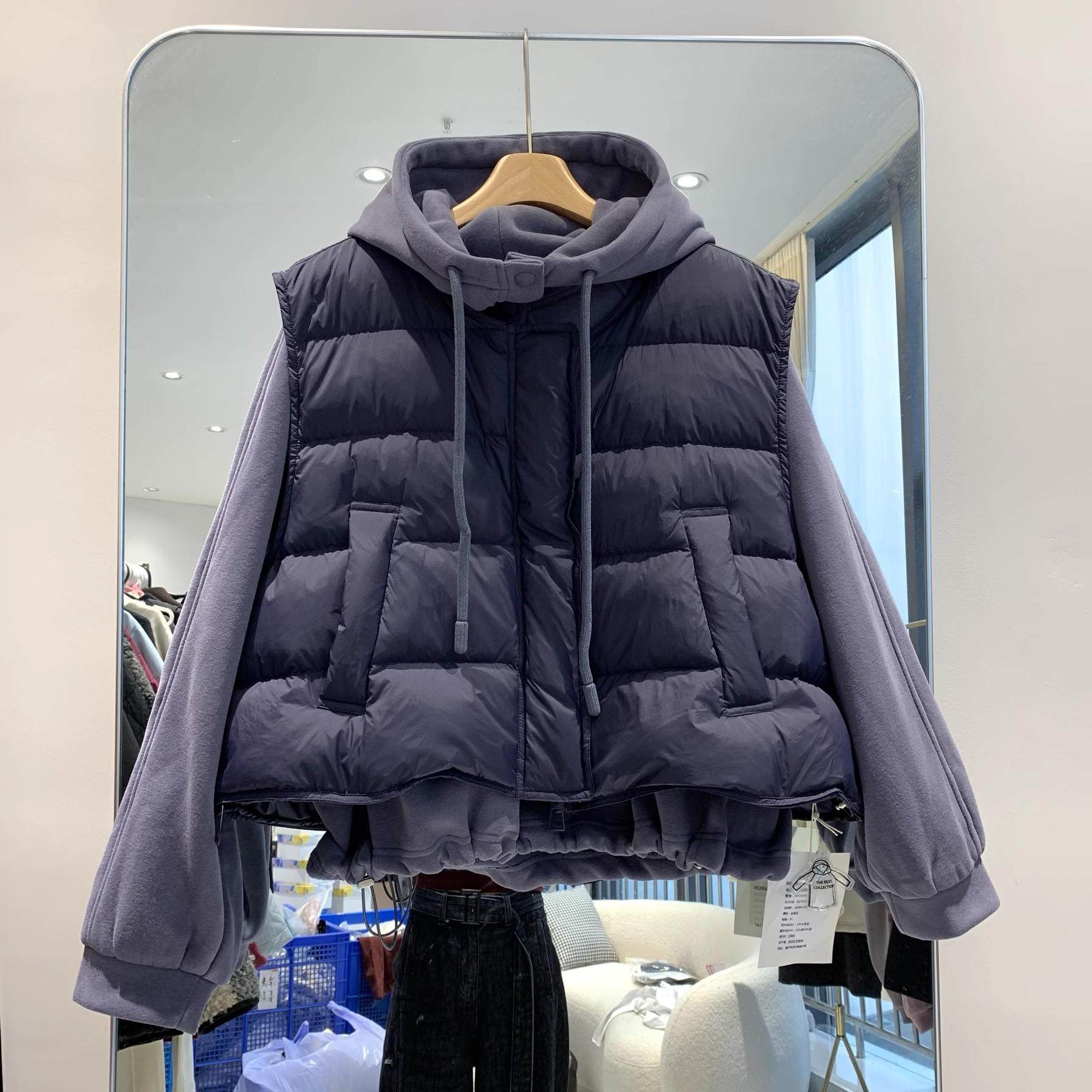 欧货两件套时尚套装羽绒马甲+针织连帽加厚卫衣2025冬季新品上衣 - 图3