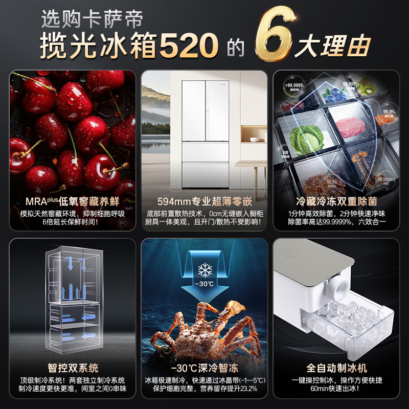 新品卡萨帝揽光520L制冰超薄零嵌入式法式四门一级无霜家用电冰箱
