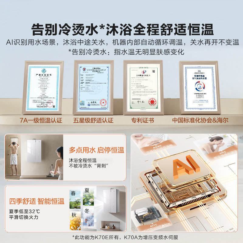 【莎莎同款】海尔小海鲸燃气热水器天然气家用恒温一级能效K70A