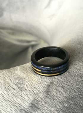 手工原创黑檀木铜丝青金石尾戒