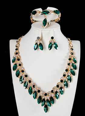 欧美水晶项链耳环戒指手链四件套