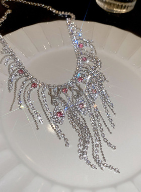 法式超闪粉色锆石流苏项链锁骨链