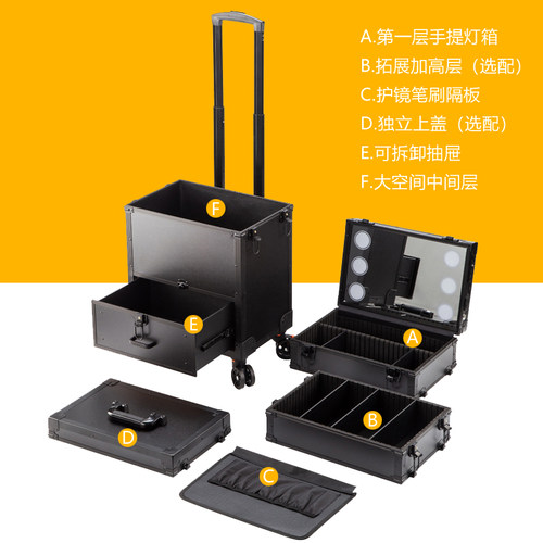 带镜子带灯拉杆化妆箱专业跟妆师化妆师专用带抽屉纹绣工具收纳箱 - 图2