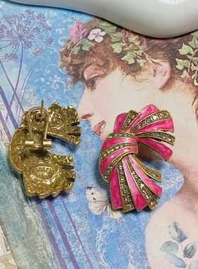 中古vintage复古粉色蝴蝶结耳钉珐琅彩釉耳环气质百搭耳饰