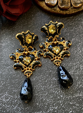 复古欧美黑金珐琅琉璃重工耳环Vintage中古拉夸爱心耳钉
