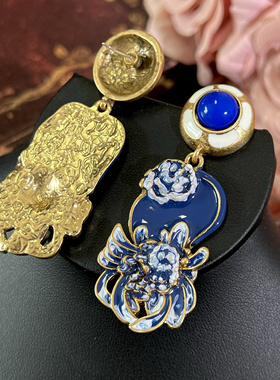 【蓝色海洋】复古花卉中古耳环AB法式个性珐琅花朵耳钉