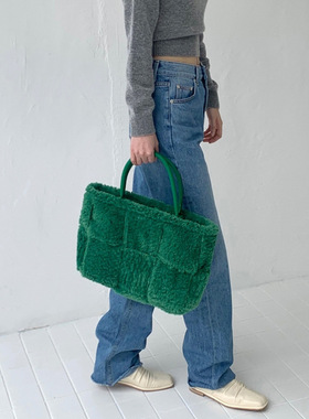 【现货】韩国东大羊羔毛绿色编织包包托特包手提时尚个性毛绒女包