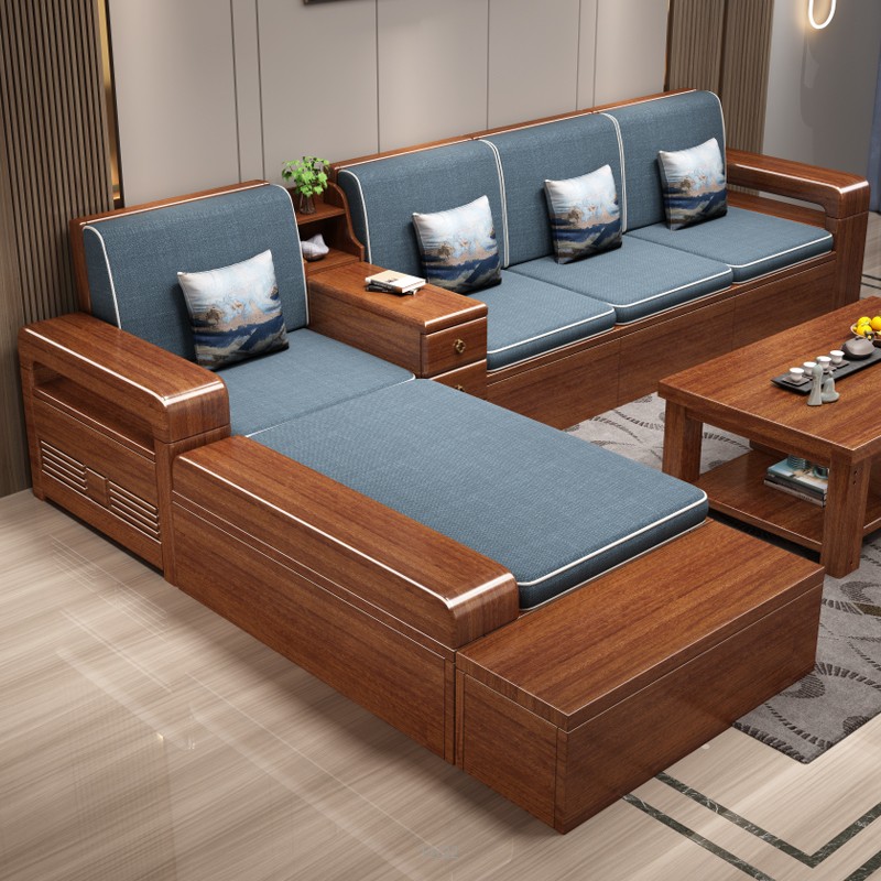 胡桃木实木沙发客厅组合现代中式转角贵妃高箱储物大小户型木家具