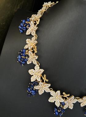 古着饰品欧美蓝紫葡萄猫眼石轻奢小众vintage镀金满钻法式项链