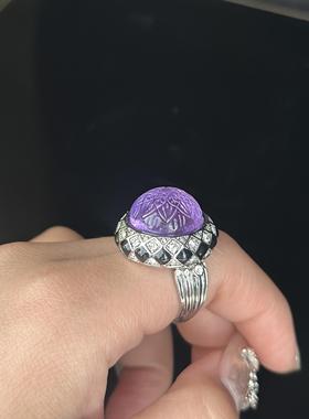 复古蓝紫复刻莱茵石优雅雕刻珠戒指魔法vintage镶嵌