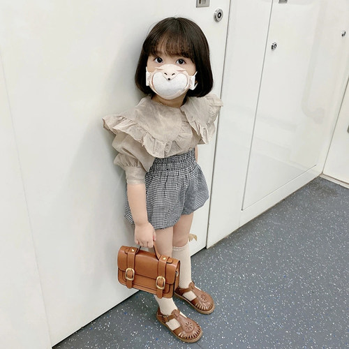 特价春夏女童经典千鸟格背带裤复古荷叶领中袖衬衫上衣短裤子 - 图0