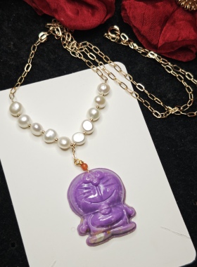 天然紫云母淡水珍珠毛衣链紫色叮当猫吊坠项链礼物个性手作饰品