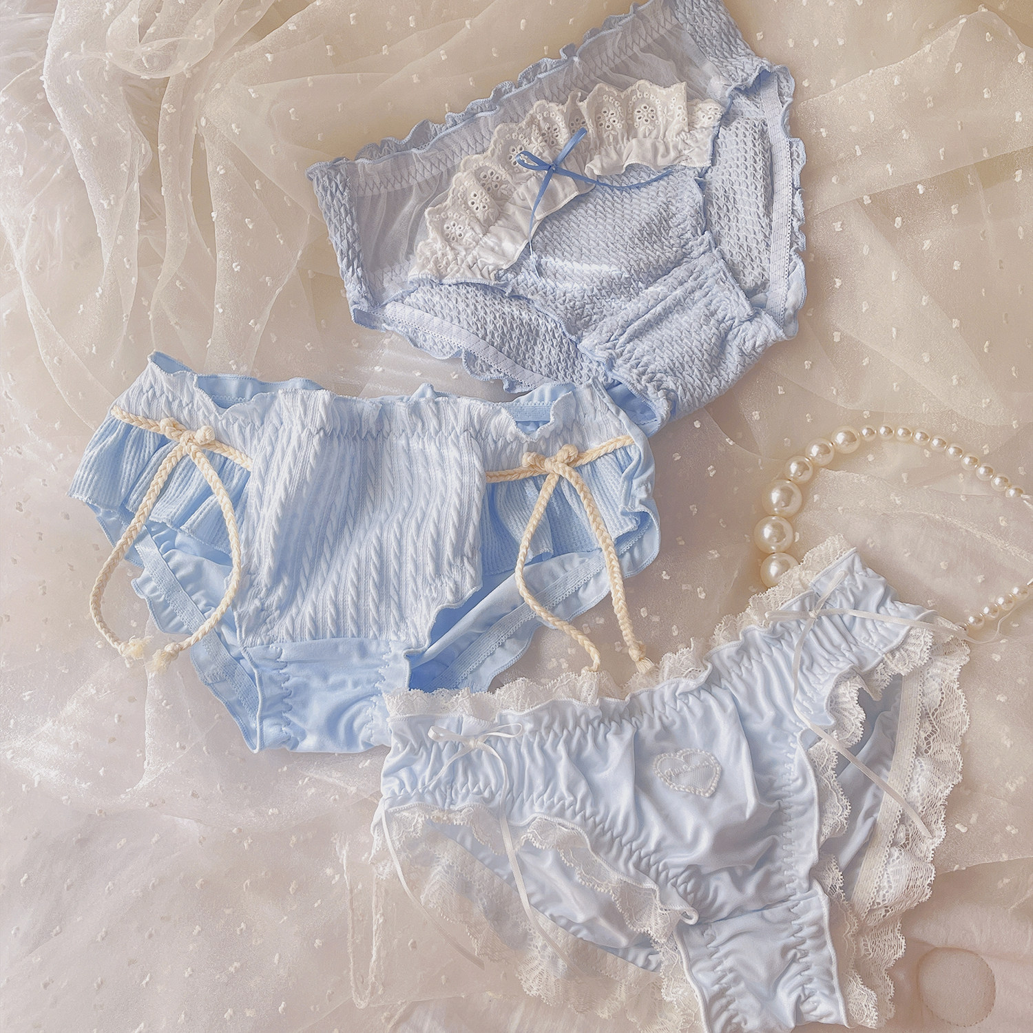 沁沁奶蓝~纯欲蕾丝性感少女短裤组合纯色透气甜美蝴蝶结女士内裤,淘宝优惠券,粉丝福利购,淘宝优惠卷