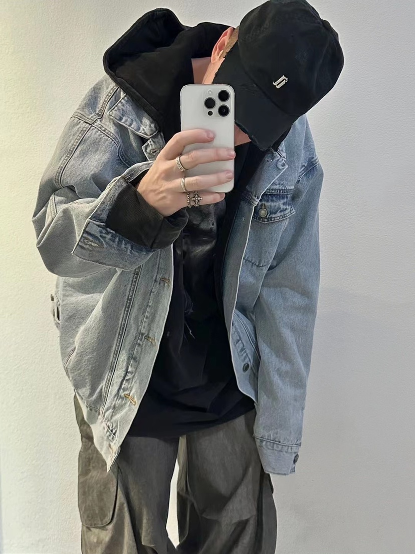 品牌直发 Arnodefrance 两面可穿水洗连帽牛仔夹克街头男女os - 图1