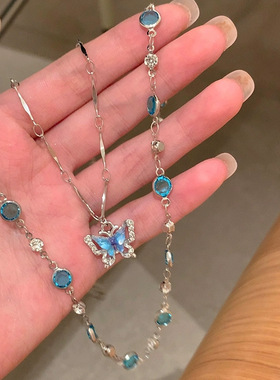 夏日清凉双层蝴蝶项链小众设计锁骨链蓝色choker颈链女