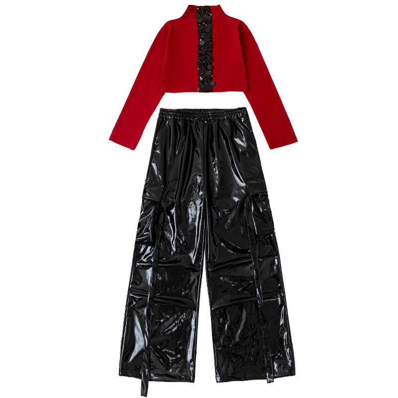 少儿爵士舞服装露脐黑红亮片皮裤套装女童jazz街舞潮服元旦演出服,淘宝优惠券,粉丝福利购,淘宝优惠卷