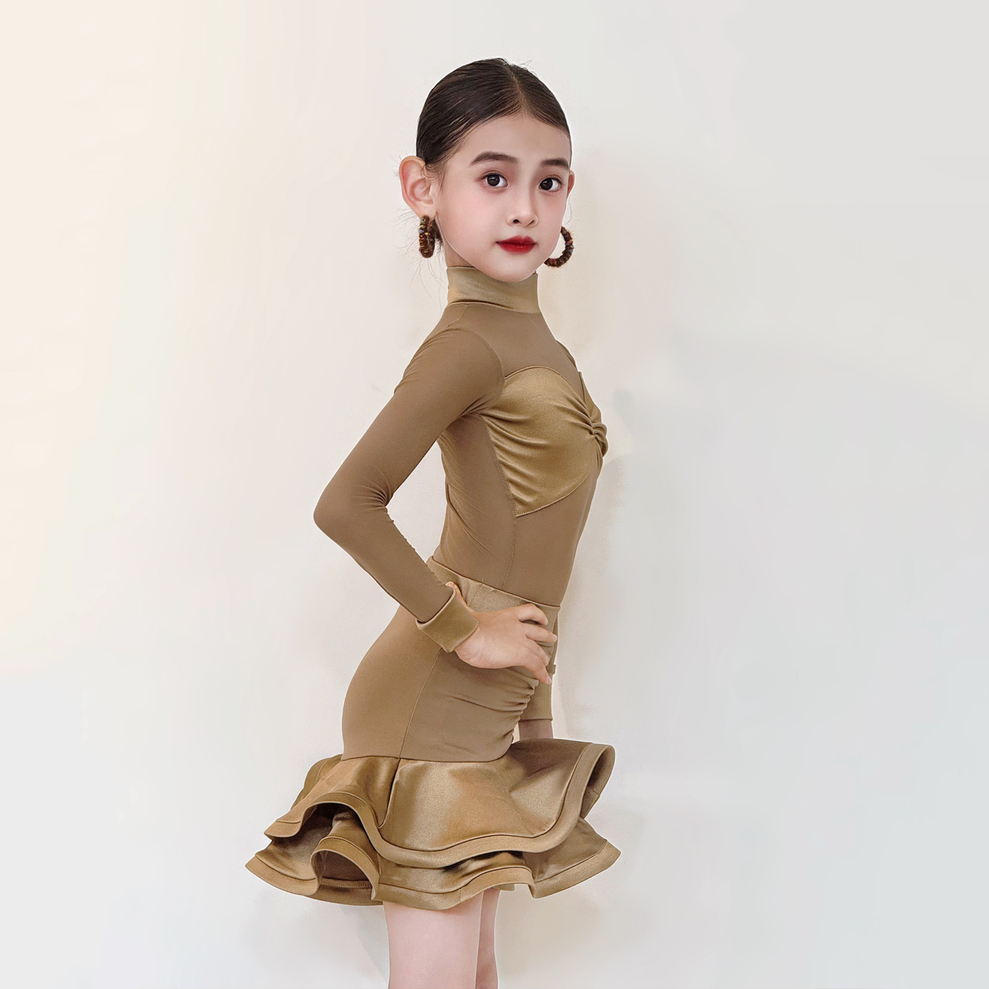 CONNY拉丁舞服女儿童舞蹈训练功服网纱上衣长袖半身裙表演出套装 - 图1