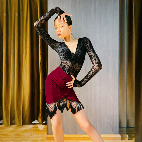 CONNY新款拉丁舞蹈服套装长袖女儿童上衣练功半身裙比赛表演出服 - 图0
