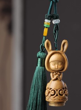 绿檀木雕镂随古风香囊球手机背包钥匙吊I坠猫车身空载挂件饰