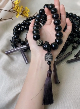 天然银曜石醒狮手持十八子念珠网红同款黑曜石手持流苏送女友男友