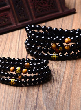 天然黑曜石烫金十二生肖手链男女士款四圈手串六字真言水晶6-8mm