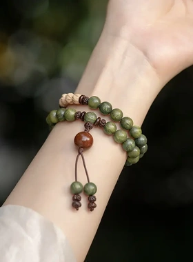 原创老料绿檀木佛珠手串女森系学生檀香百香籽手链情侣民族风男