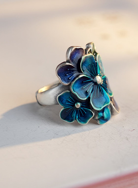 福氏足银999十二花神桃花梅花山茶花梅花活口多彩银戒指送礼