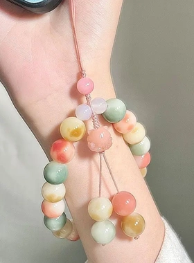 天然晕染胭脂菩提根手机链圆珠单圈手腕款防丢包包钥匙扣挂饰