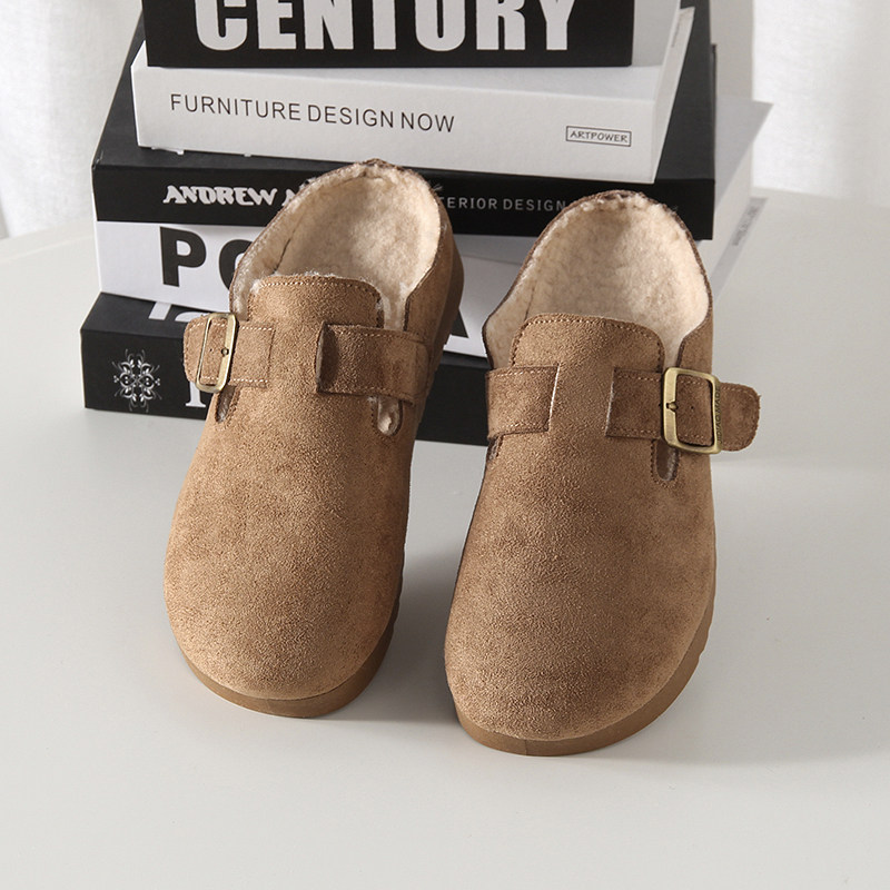 秋冬复古反绒面加绒勃肯鞋懒人一脚蹬平底包头拖鞋半包棉拖鞋女潮,淘宝优惠券,粉丝福利购,淘宝优惠卷