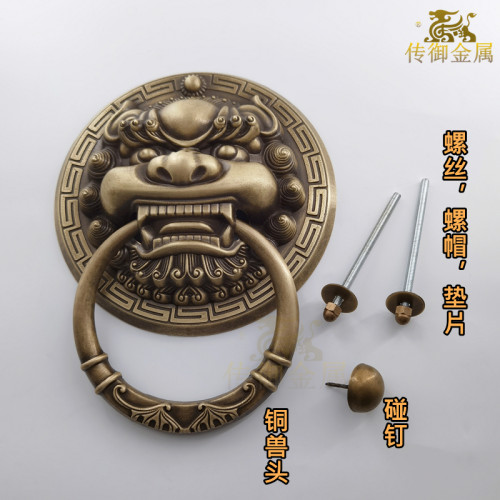 仿古中式真铜大拉手麒麟全铜大门狮子拉手仿古纯黄铜兽头实大门环 - 图0