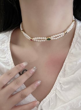 丽银饰品丽贝丽影气质时尚轻奢高级感彩色锆石珍珠项链小众配饰