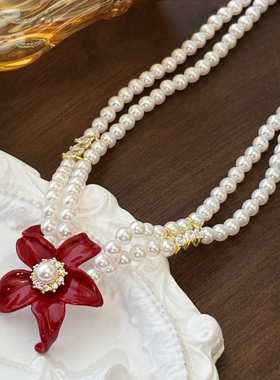 丽贝丽影丽银法式复古烤漆鸢尾花套系气质优雅珍珠项链耳钉女配饰