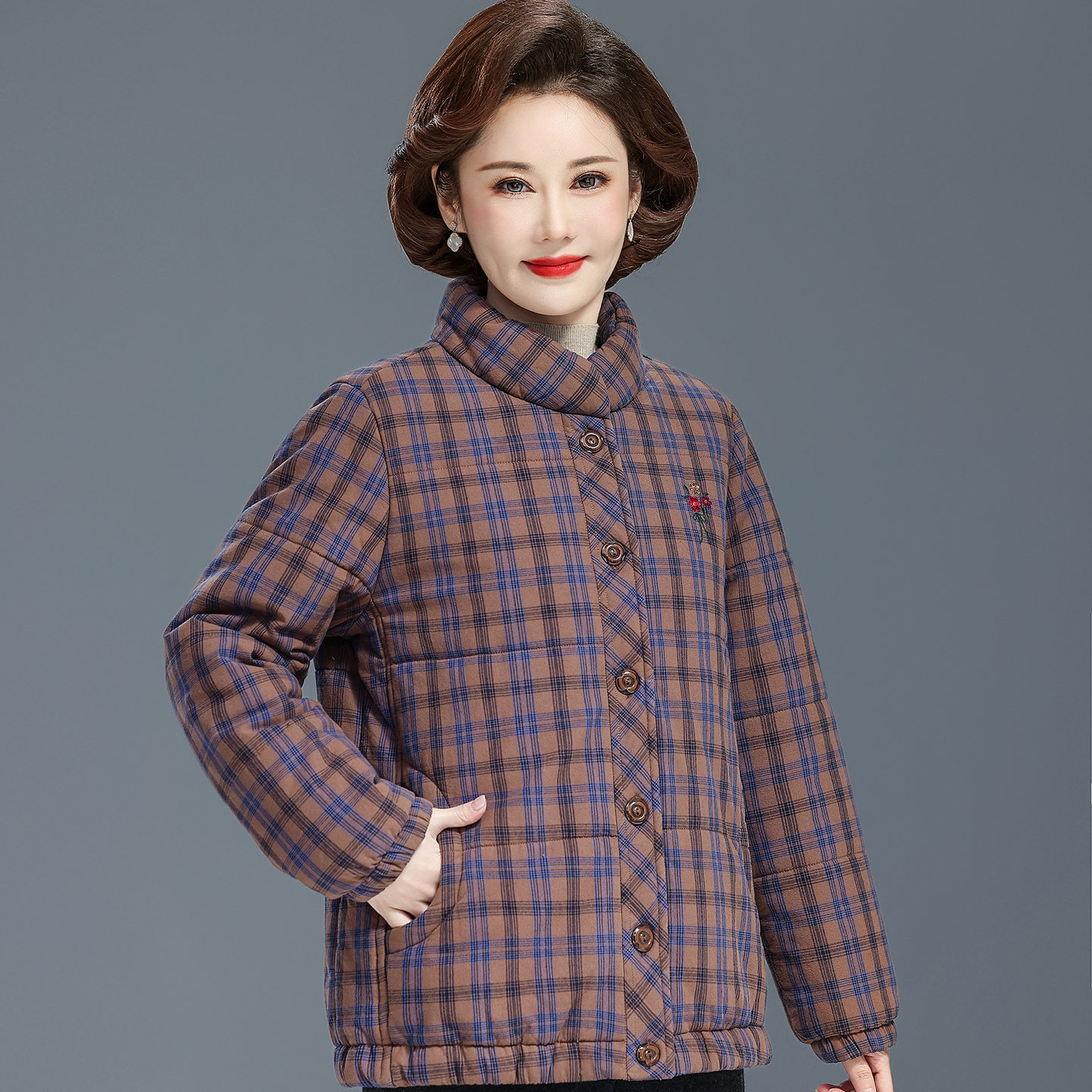 中老年女冬装纯棉格子奶奶棉衣保暖加厚棉服妈妈上衣棉袄立领外套,淘宝优惠券,粉丝福利购,淘宝优惠卷