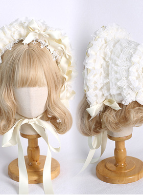 Lolita草帽cla系白粉蕾丝扁帽