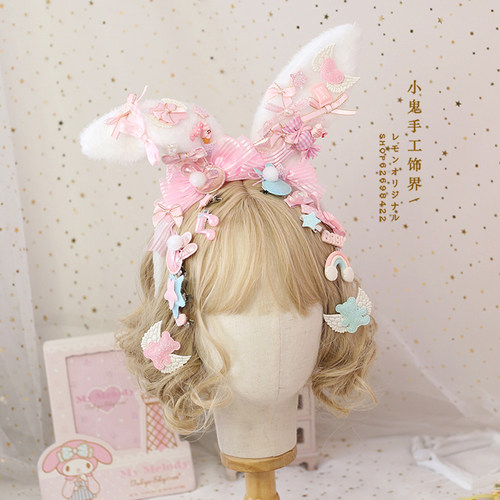 日系软妹呲甜兔耳朵Lolita发箍kc 甜娘系列手作lolita熊耳KC呲甜 - 图2