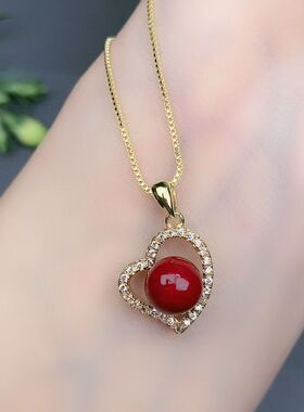 精致心形朱砂镶嵌925银设计项链耳钉戒指三件套深红圆珠女士时尚