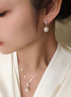 S925银项链女施家大溪地人造黑珍珠吊坠小众轻奢高级感耳环气质