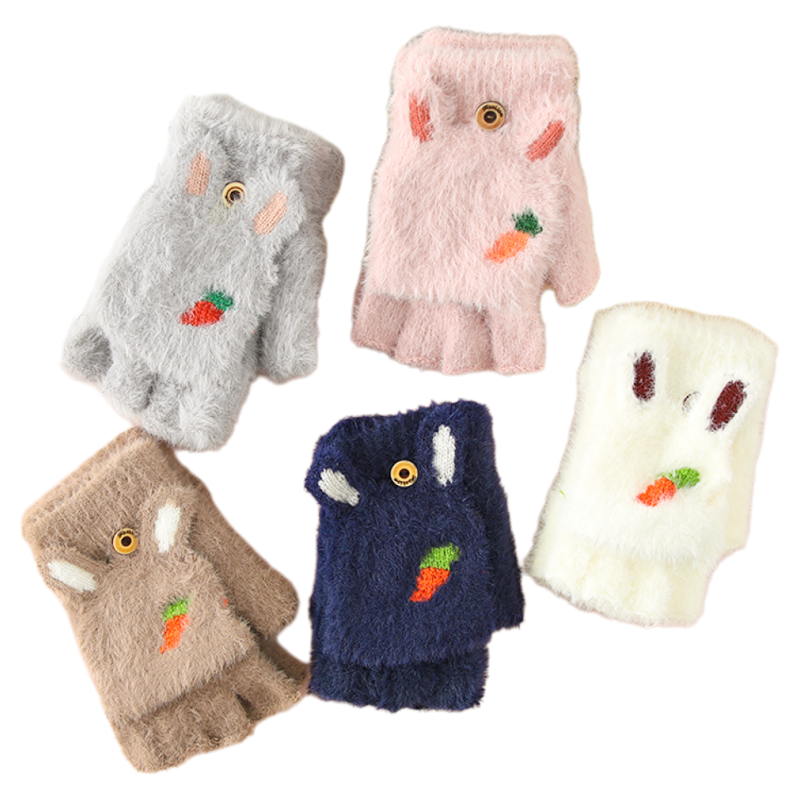 冬季儿童可爱毛绒翻盖手套学生保暖加绒半指卡通写字手套半指手套 - 图3