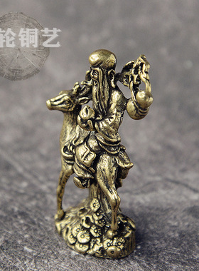 复古做旧骑鹿神仙佛像南极仙翁摆件桌面茶宠摆饰工艺品古玩小铜器