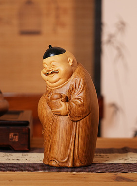高端中式地主摆件客厅财神爷雕塑仿木雕茶几博古架装饰品桌面摆设