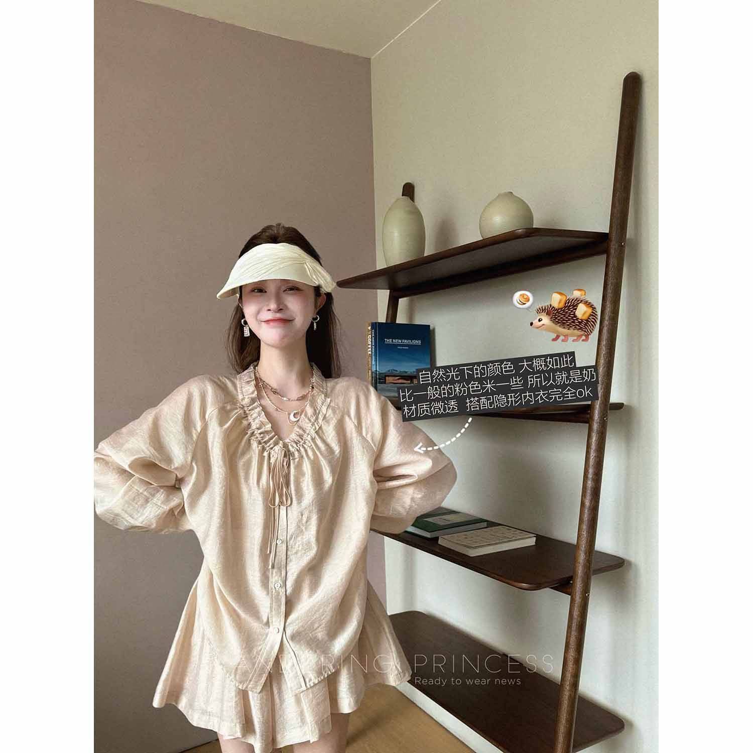 钱美西天丝亚麻环葆酵洗对丝抽褶夏季薄款防晒蓝色衬衫短裤套装女,淘宝优惠券,粉丝福利购,淘宝优惠卷