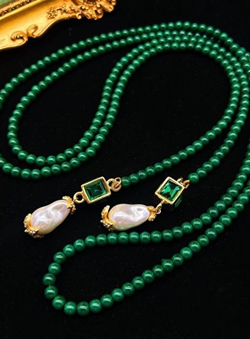 中古风vintage风复古宫廷风祖母绿琉璃项链长款毛衣链琉璃仿珍珠