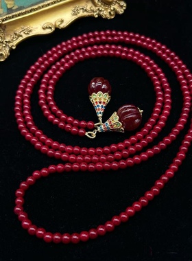 中古风vintage风复古宫廷风红色琉璃南瓜楞琉璃项链耳环套装